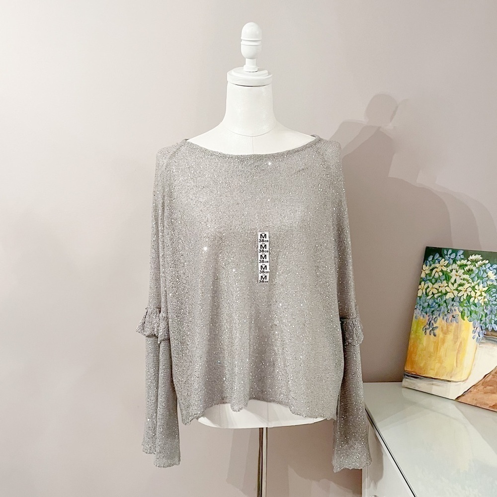 ZARA Knitwear Collection Grey Silver Sparkle Bell Sleeve Blouse – NWT